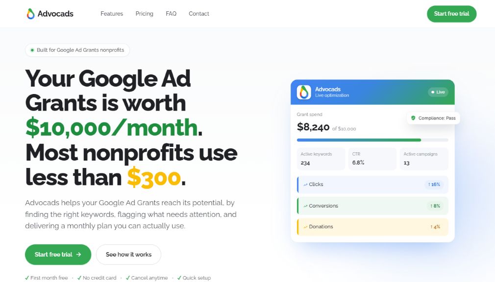 Web de Advocads en inglés con sus funciones de seguimiento de Ad Grants