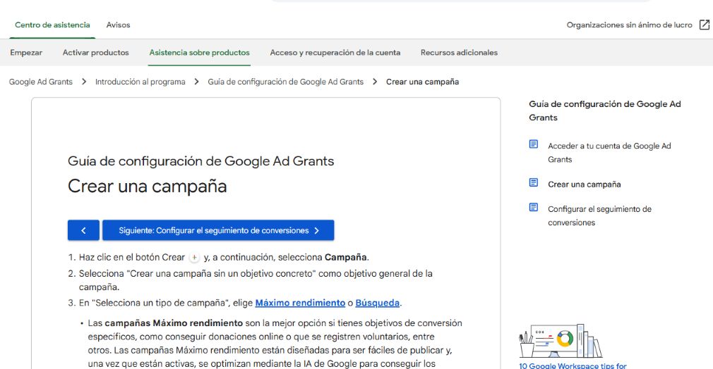 Documentación oficial en español sobre la creación de campañas de Google Ad Grants