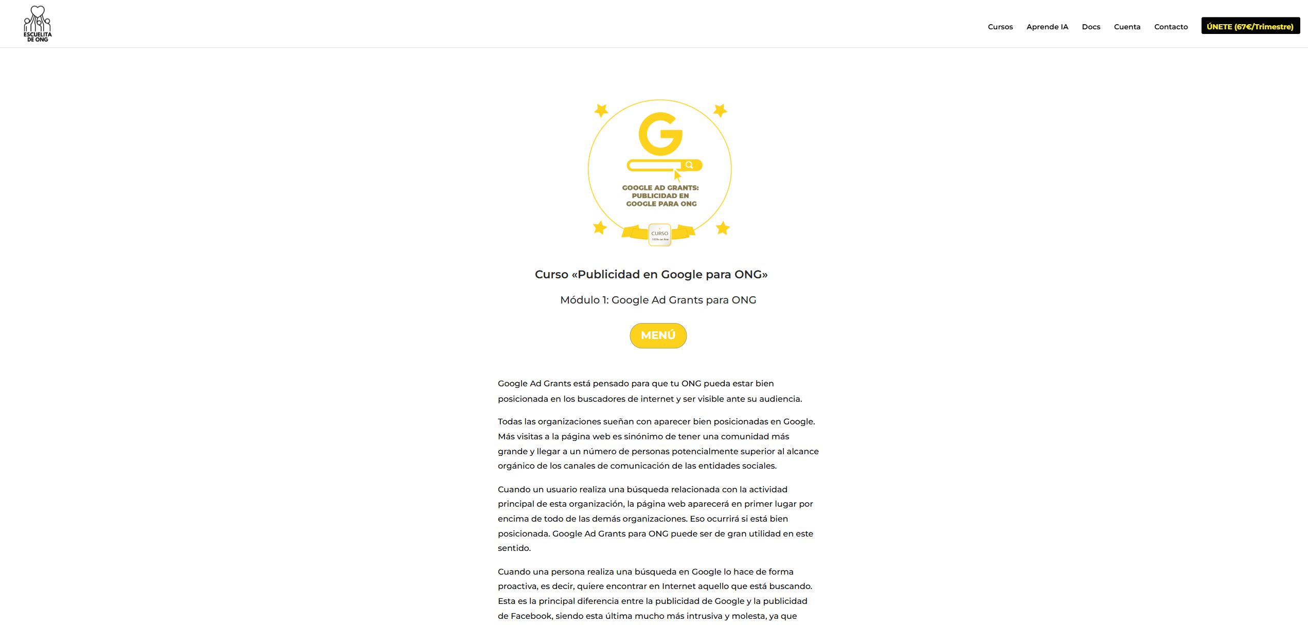 Página de La Escuelita de ONG para su curso Publicidad en Google para ONG