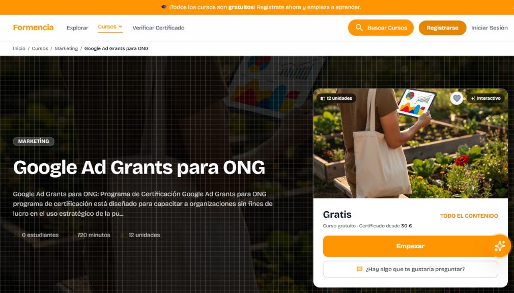 Ficha en español del curso Google Ad Grants para ONG de Formencia