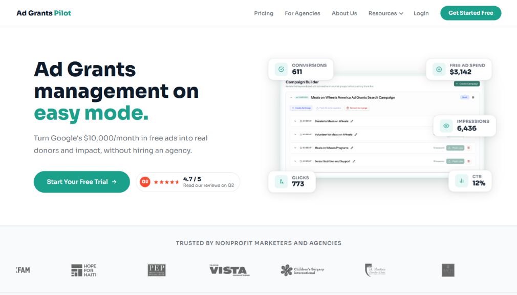 Página de Ad Grants Pilot en inglés con su propuesta de gestión de campañas