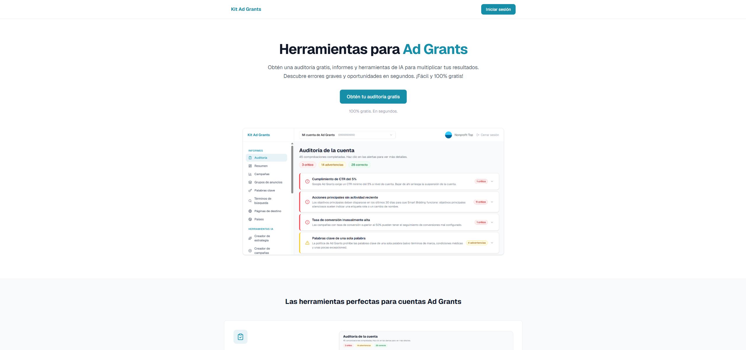 Página en español de Ad Grants Toolkit con su auditoría gratuita y herramientas para ONG