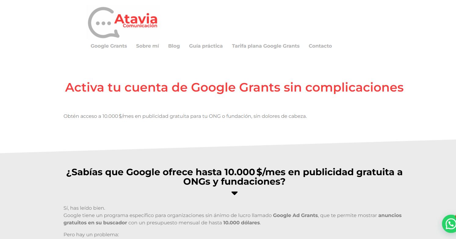 Captura de la página de tarifas de Agencia Google Grants