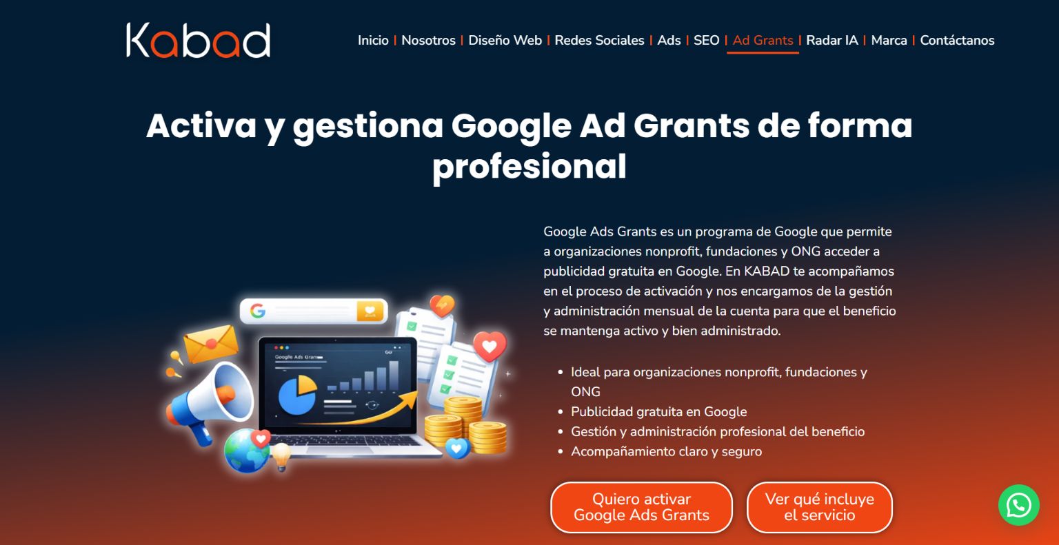 Captura de la página de Google Ad Grants de KABAD Producciones
