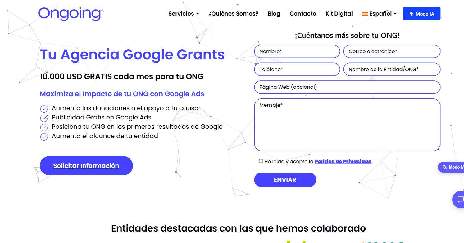 Captura de la página de Google Ad Grants de ONGoing Digital