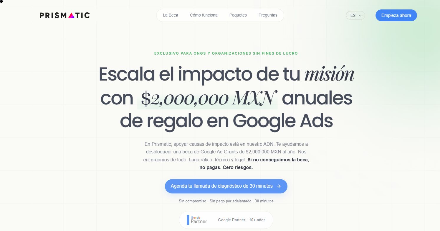 Captura de la página mexicana de Google Ad Grants de Prismatic