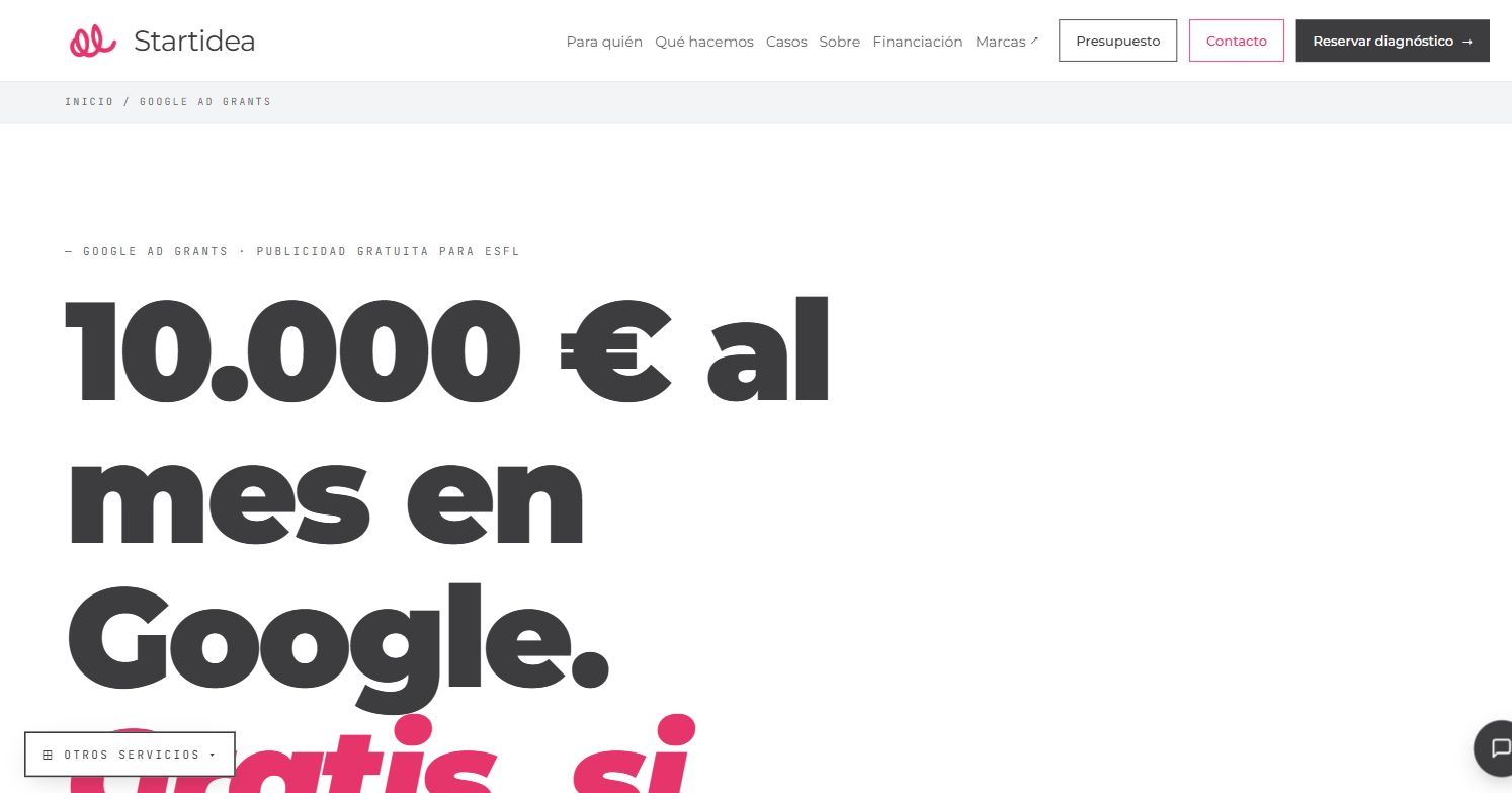 Captura de la página de Google Ad Grants de Startidea